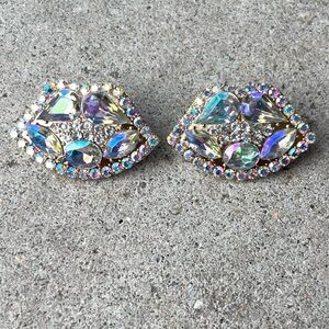 Vintage Aurora Borealis Crystal Marquise Rhinestone Statement Lrg Earrings 1.5”